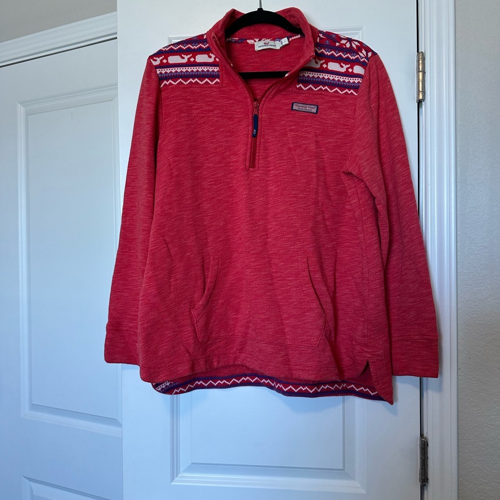 Vineyard Vines Red Quarter-Zip Sweater with Patterned Shoulders